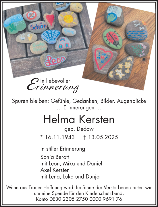 Traueranzeige von Helma Kersten von MARKT Ratzeburg/Mölln