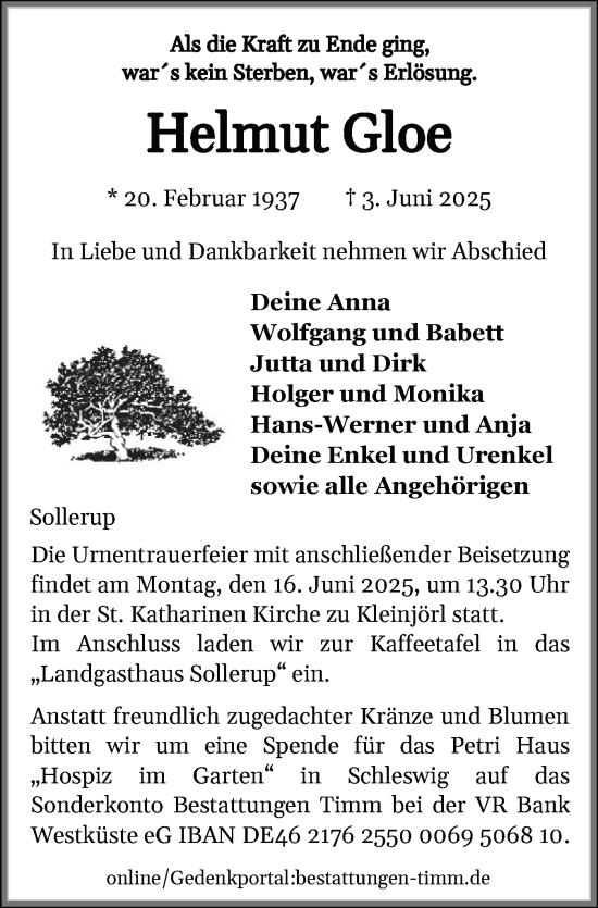 Traueranzeige von Helmut Gloe von Region Flensburg