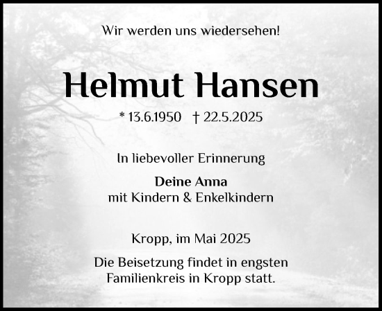 Traueranzeige von Helmut Hansen von Schleswig-Holsteinische Landeszeitung