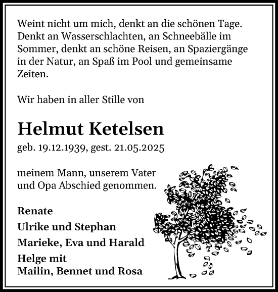 Traueranzeige von Helmut Ketelsen von Schleswiger Nachrichten, Schlei-Bote