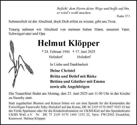 Traueranzeige von Helmut Klöpper von Eckernförder Zeitung