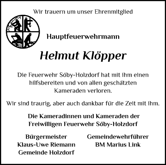 Traueranzeige von Helmut Klöpper von Eckernförder Zeitung, Hallo Eckernförde