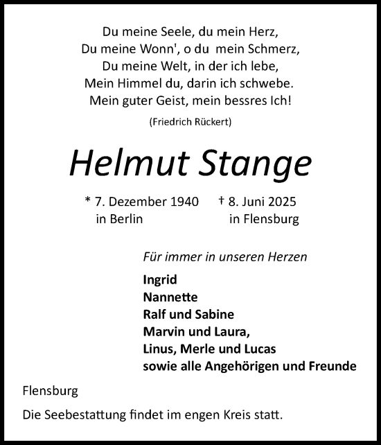 Traueranzeige von Helmut Stange von Husumer Nachrichten, Nordfriesland Tageblatt