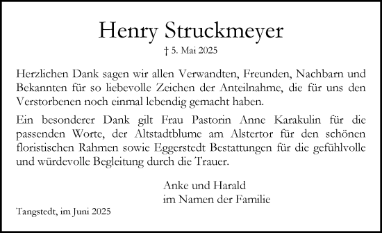Traueranzeige von Henry Struckmeyer von Region Pinneberg und tip Pinneberg