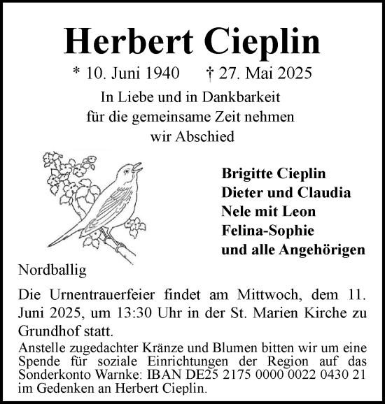Traueranzeige von Herbert Cieplin von Flensburger Tageblatt