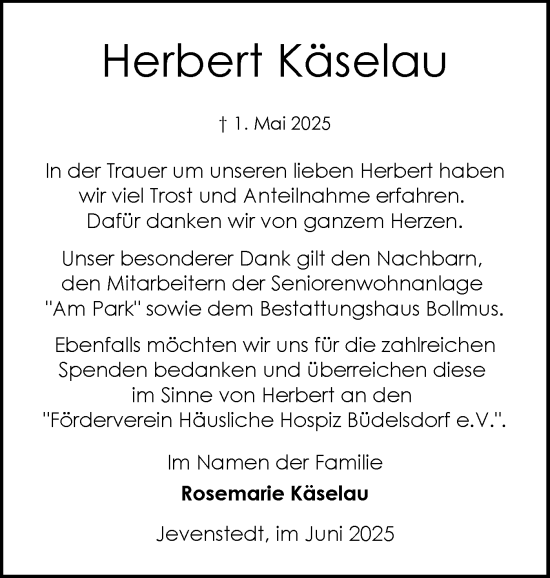 Traueranzeige von Herbert Käselau von Schleswig-Holsteinische Landeszeitung