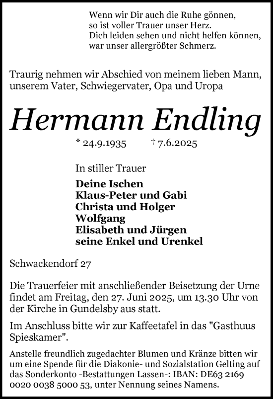 Traueranzeige von Hermann Endling von Flensburger Tageblatt, Schleswiger Nachrichten, Schlei-Bote