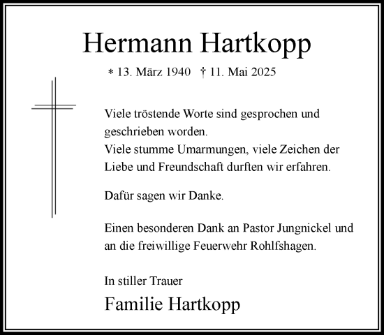 Traueranzeige von Hermann Hartkopp von MARKT Bad Oldesloe/Reinfeld und Stormarner Tageblatt