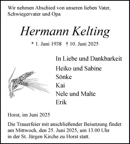 Traueranzeige von Hermann Kelting von Elmshorner Nachrichten, Barmstedter Zeitung