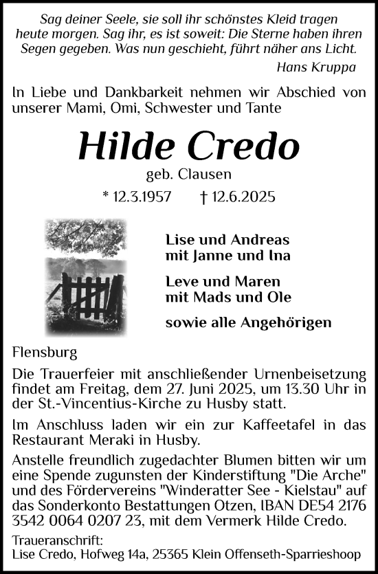Traueranzeige von Hilde Credo von Flensburger Tageblatt