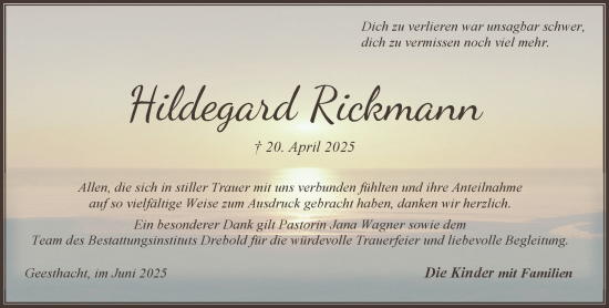 Traueranzeige von Hildegard Rickmann von Wochenend Anzeiger