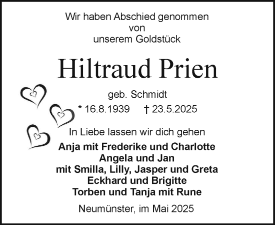 Traueranzeige von Hiltraud Prien von Holsteinischer Courier