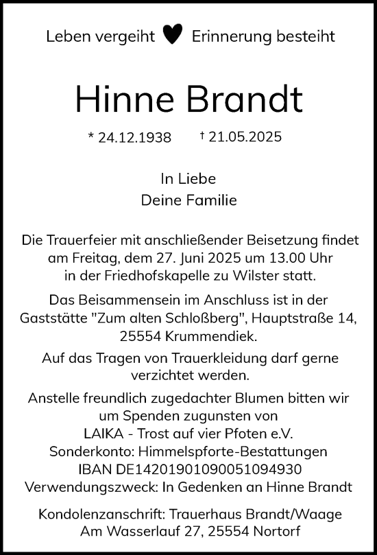 Traueranzeige von Hinne Brandt von Norddeutsche Rundschau, Wilstersche Zeitung, Glückstädter Fortuna