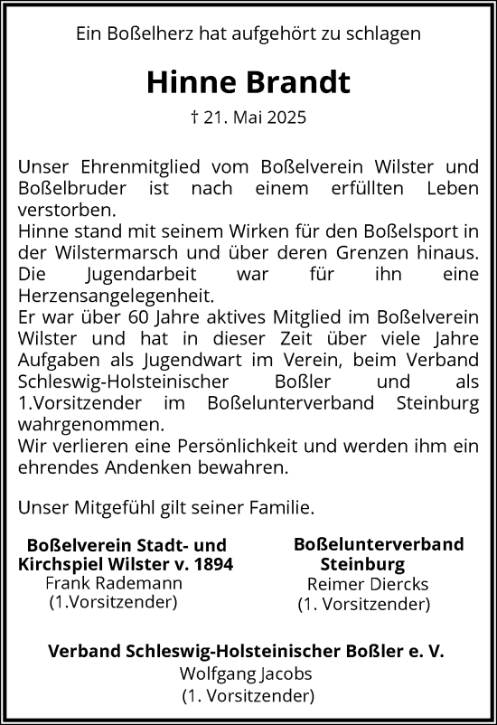 Traueranzeige von Hinne Brandt von Norddeutsche Rundschau, Wilstersche Zeitung, Glückstädter Fortuna