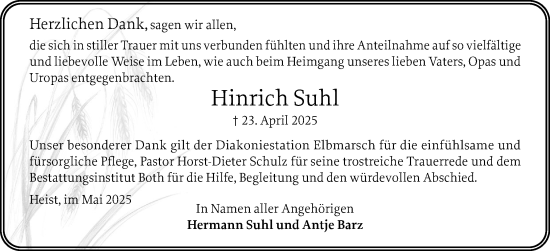 Traueranzeige von Hinrich Suhl von Uetersener Nachrichten, Der tip am Wochenende