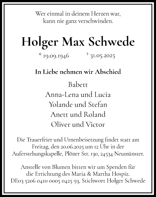 Traueranzeige von Holger Max Schwede von Holsteinischer Courier