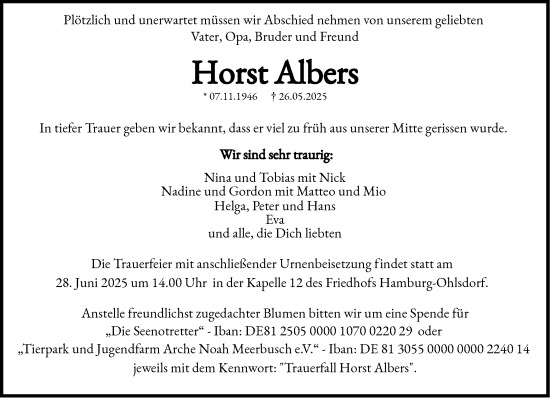 Traueranzeige von Horst Albers von Heimatspiegel