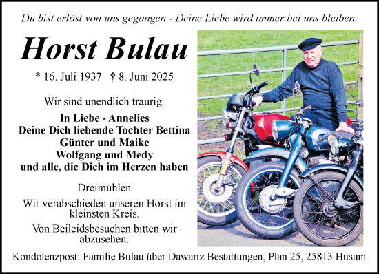 Traueranzeige von Horst Bulau von Husumer Nachrichten, Nordfriesland Tageblatt