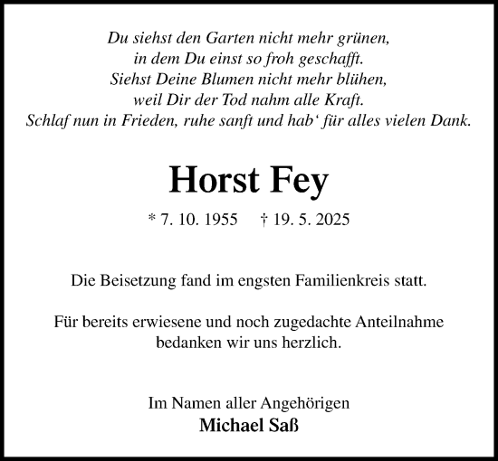 Traueranzeige von Horst Fey von MARKT Ratzeburg/Mölln