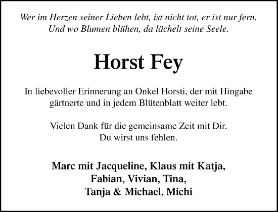 Traueranzeige von Horst Fey von MARKT Ratzeburg/Mölln