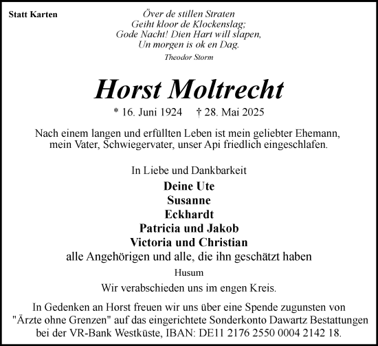Traueranzeige von Horst Moltrecht von Husumer Nachrichten, Nordfriesland Tageblatt