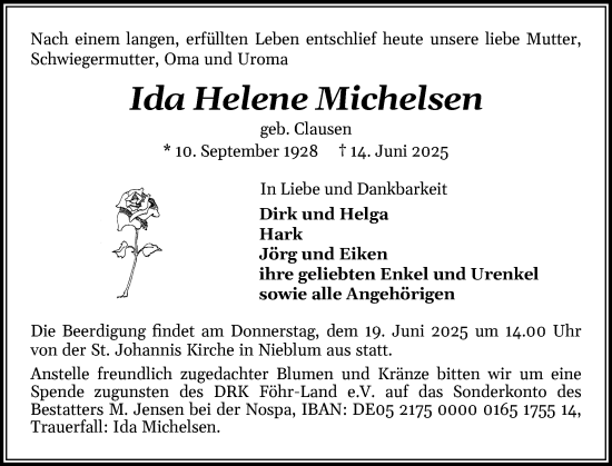Traueranzeige von Ida Helene Michelsen von Der Insel-Bote