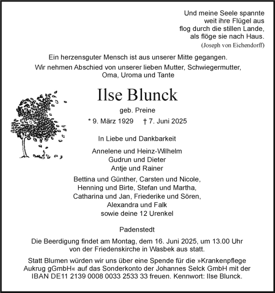 Traueranzeige von Ilse Blunck von Holsteinischer Courier
