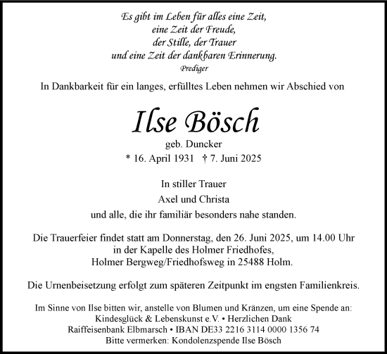 Traueranzeige von Ilse Bösch von Wedel-Schulauer Tageblatt, tip Wedel-Schulauer Tageblatt, tip Rissener Rundschau