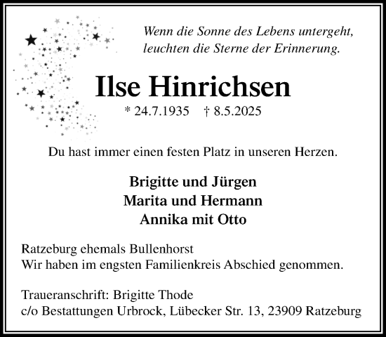 Traueranzeige von Ilse Hinrichsen von MARKT Ratzeburg/Mölln