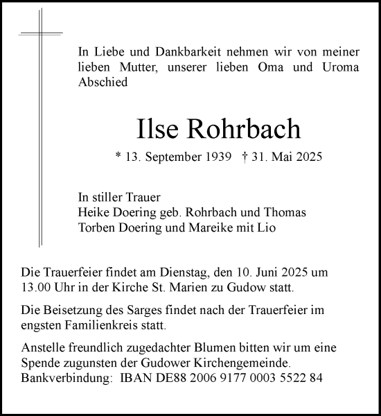 Traueranzeige von Ilse Rohrbach von MARKT Ratzeburg/Mölln