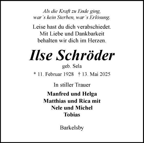 Traueranzeige von Ilse Schröder von Eckernförder Zeitung, Hallo Eckernförde