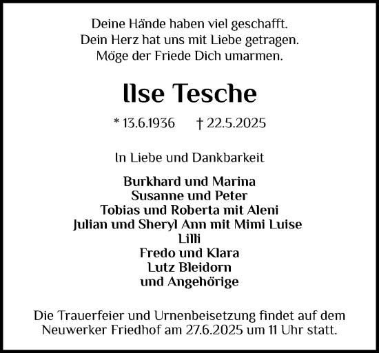 Traueranzeige von Ilse Tesche von Schleswig-Holsteinische Landeszeitung
