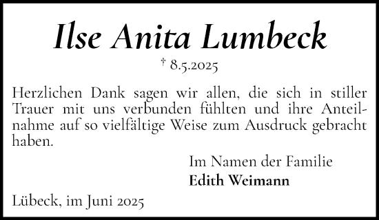 Traueranzeige von Ilse Anita Lumbeck von Flensburger Tageblatt