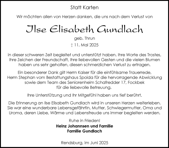 Traueranzeige von Ilse Elisabeth Gundlach von Schleswig-Holsteinische Landeszeitung