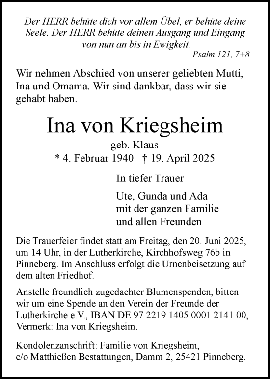 Traueranzeige von Ina von Kriegsheim von Region Pinneberg und tip Pinneberg
