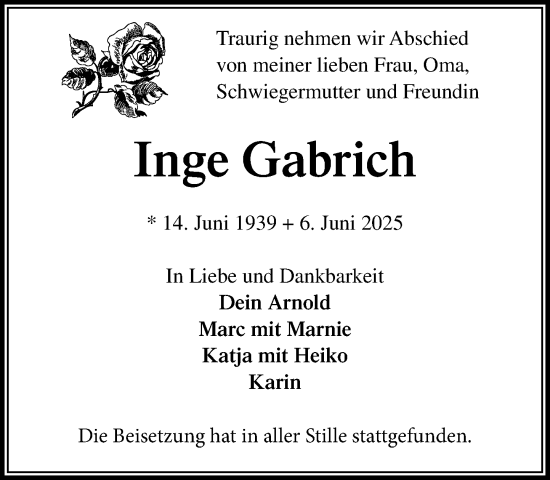 Traueranzeige von Inge Gabrich von MARKT Glinde/Reinfeld