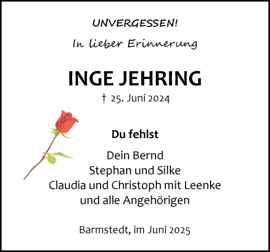 Traueranzeige von Inge Jehring von Elmshorner Nachrichten, Barmstedter Zeitung