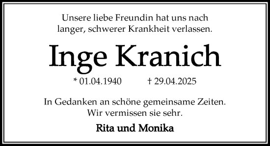 Traueranzeige von Inge Kranich von MARKT Ahrensburg/Bargteheide/Trittau und Stormarner Tageblatt