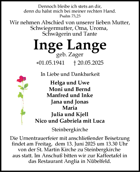 Traueranzeige von Inge Lange von Flensburger Tageblatt