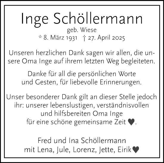 Traueranzeige von Inge Schöllermann von Elmshorner Nachrichten, Barmstedter Zeitung