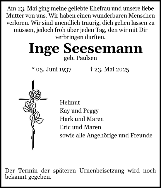 Traueranzeige von Inge Seesemann von Der Insel-Bote