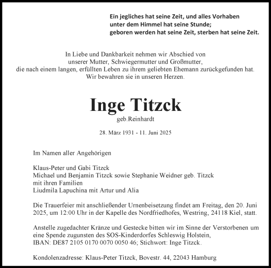 Traueranzeige von Inge Titzck von Der Insel-Bote