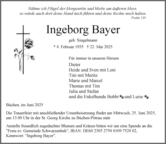 Traueranzeige von Ingeborg Bayer von Wochenend Anzeiger