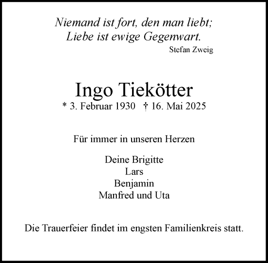Traueranzeige von Ingo Tiekötter von Heimatspiegel