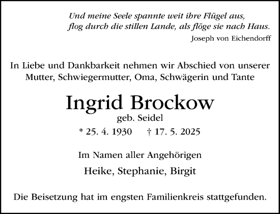 Traueranzeige von Ingrid Brockow von MARKT Ratzeburg/Mölln