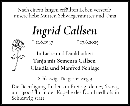 Traueranzeige von Ingrid Callsen von Schleswiger Nachrichten, Schlei-Bote