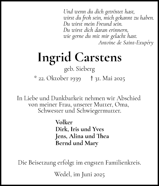 Traueranzeige von Ingrid Carstens von Wedel-Schulauer Tageblatt, tip Wedel-Schulauer Tageblatt, tip Rissener Rundschau