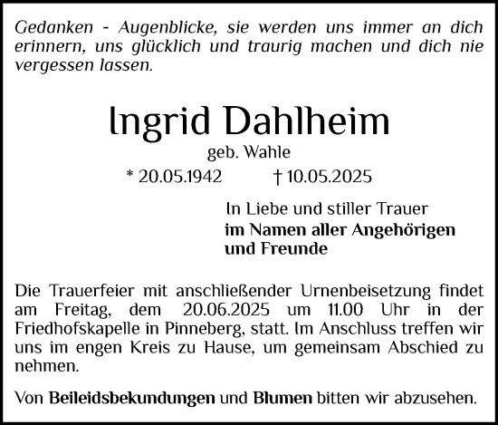 Traueranzeige von Ingrid Dahlheim von Region Pinneberg und tip Pinneberg