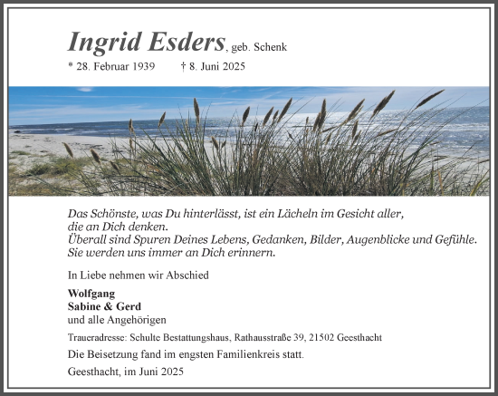 Traueranzeige von Ingrid Esders von Wochenend Anzeiger