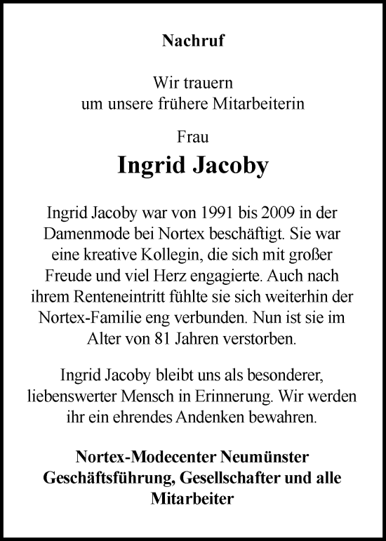 Traueranzeige von Ingrid Jacoby von Holsteinischer Courier